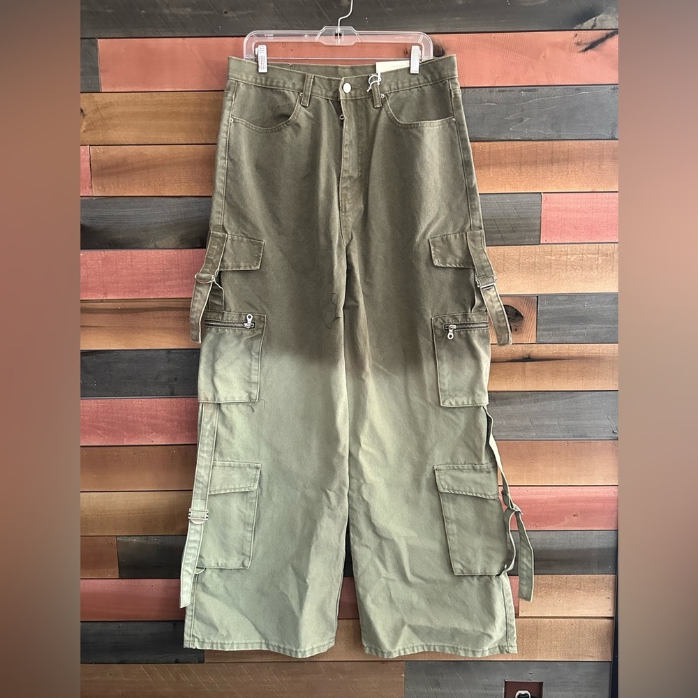 MNML Olive Green Cargo Pants Utility Streetwear Skater Y2K Wide Leg Multi Pocket